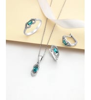 Aquamarin Oval Taşlı Zarif Pırlanta Modeli Gümüş Takı Seti (Rodyum)