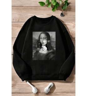 Unisex Mona Lisa Baskılı Bisiklet Yaka Sweatshirt (Siyah)