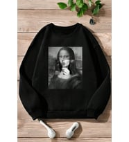 Unisex Mona Lisa Baskılı Bisiklet Yaka Sweatshirt (Siyah)