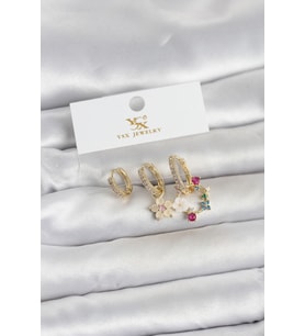 Pirinç Gold Renk Çiçek Model 3'lü Kadın Küpe - TJ-BKP11717