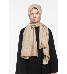 JAKAR Desen Jakarlı Modal Seri Şal Eşarp Askısı ile Birlikte 75x200 cm Bej-75x20