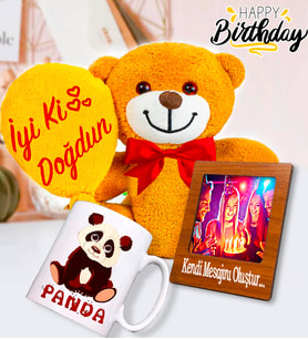 Kişiye Özel Fotoğraflı Mesajlı Çerçeve & İyi Ki Doğdun Balonlu Ayıcık & Panda Kupa