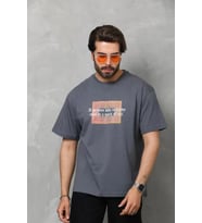 pilelistore- Unisex Bisiklet Yaka Baskılı Oversize T-Shirt - Füme