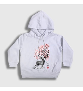 Presmono Unisex Çocuk Beyaz Sakura Deer Geyik Kapüşonlu Sweatshirt 372702tt