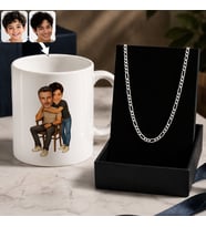 BK Gift Kişiye Özel Baba&Çocuk Karikatürlü Beyaz Kupa & Figaro Zincir Kolye -6, Babalar Günü Hediyesi