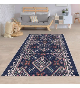 Geometrik Etnik Kilim Desenli Siyah Beyaz Dijital Baskı Yıkanabilir Kaymaz Taban Modern Salon Halısı (İndigo Mavi)