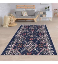 Geometrik Etnik Kilim Desenli Siyah Beyaz Dijital Baskı Yıkanabilir Kaymaz Taban Modern Salon Halısı (İndigo Mavi)