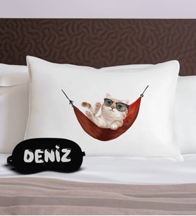 BK Gift Kişiye Özel Eğlenceli Kedi Tasarrımlı Pamuklu Yastık Kılıfı ve Göz Bandı Uyku Seti-1, Tasarım Ev Tekstili, Uyku Bandı, Ev Hediyesi