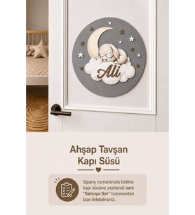 Ahşap Çocuğun İsmine Özel Uyuyan Tavşan Kapı Süsü - Bebek Hastane Kapısı ve Bebek Odası için Kapı Süsü