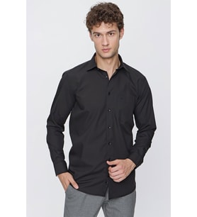 Siyah Uzun Kol Düz Bez Ayağı 041 Sert Yaka Basic Comfort Fit Gömlek 1004245051