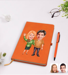 BK Gift Kişiye Özel Sevgililer Karikatürlü Turuncu Termo Deri Defter Kalem Seti Model 110