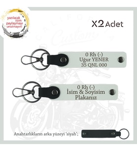 Biker Stiline Uygun İsim Plaka ve 0 - Kan Grubu Yazılı Acil Durum Deri x2 Anahtarlık Seti, Beyaz-Syh (Çok Renkli)