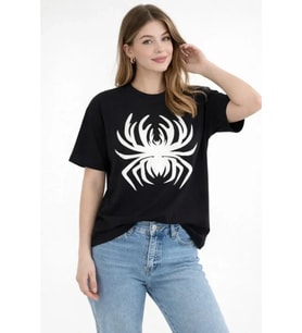 Örümcek Baskılı Tişört Kısa Kollu Bisiklet Yaka T-Shirt - Siyah