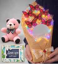 Senin İçin Renkli Led Işıklı Aynalı Büyük Boy Kırmızı Kelebek Buketi & Peluş Ayıcık