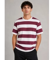 Erkek Çizgili Oversize Tişört Bisiklet Yaka Kısa Kol Yazlık T-Shirt - Bordo