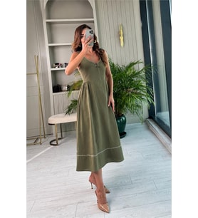 Neşeli butik kadın yeşil ince askılı güpür detaylı midi boy yazlık elbise NBNP039
