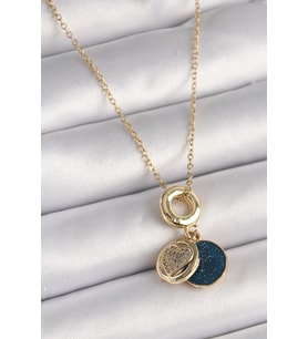 316L Çelik Gold Renk Zincir Zirkon Taşlı Kalp Model Mavi Simli Kadın Kolye 5886 - GLST3003-6251