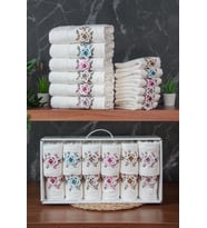 %100 Pamuklu 3D Çiçek İşlemeli 12 li Analı Kızlı Çeyizlik Havlu Seti 50x90 cm - 00030 (Karışık)