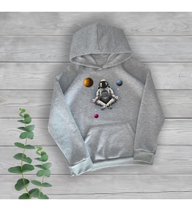 Yoga Yapan Astronot Göğüs Baskılı Unisex Oversize Gri Sweatshirt
