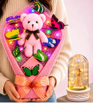 Renkli LED Işıklı Büyük Boy Peluş Ayıcık Buketi ve LED Işıklı Şans Melekli Fanus Sevgiliye Kadına Hediye