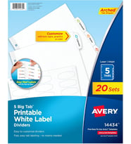 Avery Big Tab Yazdırılabilir Beyaz Etiket Ayırıcılar, Kolay Soyulur, 5 Sekme, 20 Set (14434)