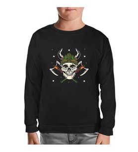 A Viking Skull with a Hammer and Axes Siyah Çocuk Sweatshirt
