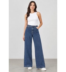Kadın Beş Cepli Beli Lastikli Önü Boncuk Baskılı Tencel Kumaş Kot Pantolon 27K-26660-Mavi