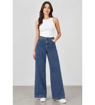Kadın Beş Cepli Beli Lastikli Önü Boncuk Baskılı Tencel Kumaş Kot Pantolon 27K-26660-Mavi