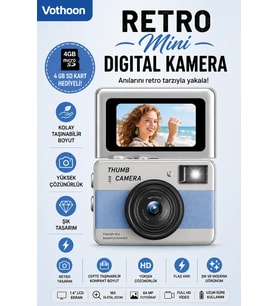 Retro Mini Dijital Kamera 1080P 1.47 İnç Flip Ekranlı Flaşlı Selfie Vlog Kamerası 4GB SD Hediyeli