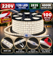 100 Metre 220V 8mm 2835 120 Led 4000K Naturel Beyaz Arkası Yapışkanlı Hortum Led IP65 Güç Kablosu Da