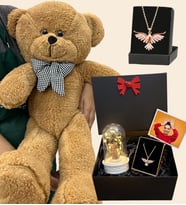Zümdürü Anka Kuşu Kolyeli Fotoğraflı Premium Hediye Seti - Büyük Kahve Peluş Ayıcıklı (Model 7)