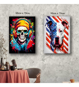 amerikan pitbull köpek ve iskelet tablo resim kanvas 2 adet 50x70