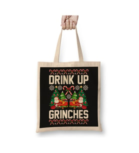 Drink Up Grinches Christmas Yılbaşı Beyaz Bez Çanta Uzun Saplı Alışveriş Çantası Plaj Çantası