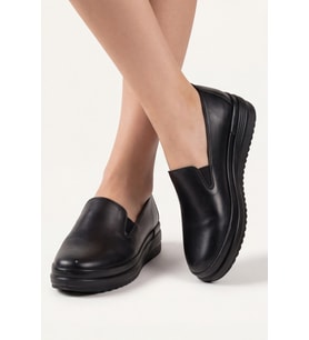 Comfort-Flex Siyah Hafif Yüksek Tabanlı Kadın Loafer - Anne Ayakkabısı - Günlük Rahat Esnek Yan Bantlı Dolgu Taban Ayakkabı