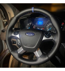 DİKİŞLİ DİREKSİYON KILIFI İTHAL SİYAH DERİ NOKTALI DERİ MAVİ YÜZÜK MAVİ DİKİŞLİ FORD CUSTOM İÇİN