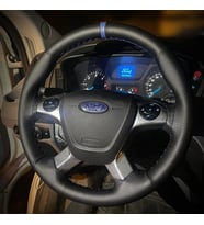 DİKİŞLİ DİREKSİYON KILIFI İTHAL SİYAH DERİ NOKTALI DERİ MAVİ YÜZÜK MAVİ DİKİŞLİ FORD CUSTOM İÇİN