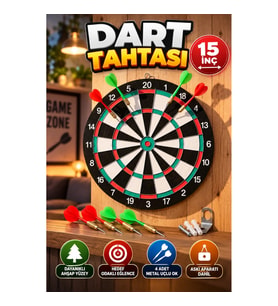 15 İnç Ahşap Dart Tahtası – 4 Metal Uçlu Dart Oku ve Askı Aparatı