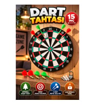 15 İnç Ahşap Dart Tahtası – 4 Metal Uçlu Dart Oku ve Askı Aparatı