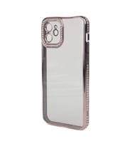 iPhone 12 Kılıf Şeffaf Arka Yüzey Kamera ve Kenarları Taşlı Silikon (Rose)