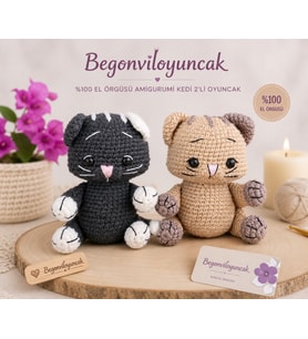 2'li Örgü Kedi Oyuncak, Siyah-krem, Amigurimi