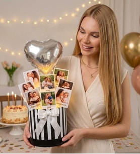 Kişiye Özel 8 Fotoğraflı Sevgiliye Hediye Kutusu  LED Işıklı Anı Buketi & Kalp Folyo Balonlu