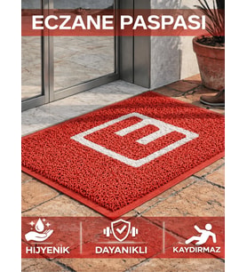 Beylini Eczane Önü Paspası E Logo Giriş İşyeri Eczane Mağaza Girişi Kapı Önü Kıvırcık Hijyen Halısı 60x80 CM (Kırmızı)