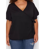 Moda Büyük Beden Kruvaze Örme Fit Düz Desen Casual Günlük Regular Kısa Kol Bluz (Siyah)