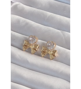 Pirinç Gold Renk Zirkon Taşlı Kalp Model Fiyonk Küpe 5886 - HPSBYI3027-4321