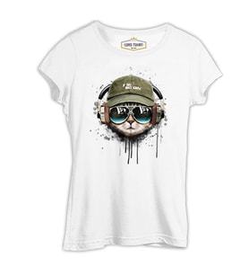 Hat Style - Kedi Beyaz Kadın Tshirt