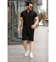 Erkek Yakalı Fermuarlı T-shirt şort Ikili Takım