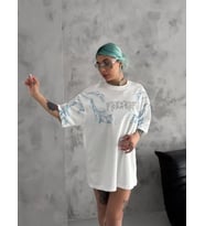 Unisex Bisiklet Yaka Baskılı Oversize T-Shirt - Beyaz