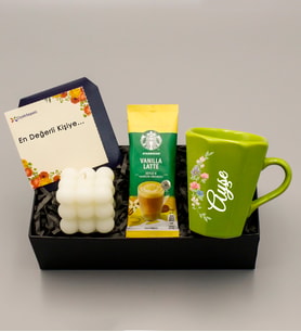 Kişiye Özel Yeşil Kupa & Bubble Mum & Vanilla Latte Hediye Seti