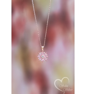 LOTUS ÇİÇEĞİ KOLYE PEMBE TAŞLI ROSE RENK 925 AYAR GÜMÜŞ KOLYE