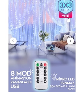 Beyaz Perde Led 3x3 Metre Kumandalı 8 Mod Ambiyans Ayarlabilir Boy Dekor Mikro Led Işık Perde